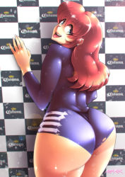 Rule 34 | 1girl, against wall, ass, bodysuit, curvy, from behind, green eyes, highres, huge ass, leotard, long hair, looking at viewer, looking back, open mouth, original, red hair, rybiorock, shiny clothes, skin tight, smile, solo, thick thighs, thighs, tongue, wide hips