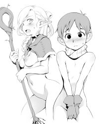 Rule 34 | 1boy, 1girl, blush, braid, breasts, capelet, chilchuck tims, choker, covering crotch, covering privates, cropped legs, dungeon meshi, elf, embarrassed, folded ponytail, french braid, funnyari, gloves, hair over one eye, holding, holding staff, looking at viewer, marcille donato, md5 mismatch, medium breasts, monochrome, naked capelet, naked scarf, navel, nipples, nose blush, pointy ears, scarf, short hair, staff, sweatdrop, v arms, webp-to-png conversion