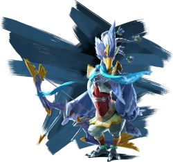 Rule 34 | 1boy, beak, blue feathers, bow (weapon), feathers, full body, green eyes, male focus, nintendo, no humans, official art, revali, rito, solo, the legend of zelda, the legend of zelda: breath of the wild, transparent background, weapon