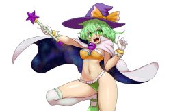 Rule 34 | 1girl, :d, alternate costume, arm up, bandeau, blush, bow, bracelet, breasts, cape, commentary request, cowboy shot, d.koutya, frilled panties, frills, gloves, green eyes, green footwear, green hair, green panties, hair between eyes, hand up, hat, hat bow, high collar, holding, holding wand, jewelry, komeiji koishi, looking at viewer, mary janes, medium breasts, navel, open mouth, orange bow, panties, purple hat, shoes, short hair, simple background, smile, solo, space print, standing, standing on one leg, star (symbol), starry sky print, stomach, thighhighs, thighs, third eye, touhou, transparent background, underwear, wand, white background, white cape, white gloves, white thighhighs, witch hat