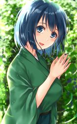 Rule 34 | 10s, 1girl, :d, alternate hairstyle, bad id, bad pixiv id, blue eyes, blue hair, breasts, hair down, hands up, highres, japanese clothes, kantai collection, kimono, large breasts, leaf, looking at viewer, matching hair/eyes, morizono shiki, open mouth, palms together, short hair, smile, solo, souryuu (kancolle)