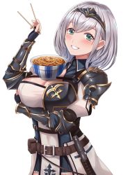 Rule 34 | 1girl, armor, belt, black armor, black gloves, blush, bowl, braid, breasts, chopsticks, circlet, cleavage, cleavage cutout, clothing cutout, fingerless gloves, food, gloves, gold trim, green eyes, grin, gyuudon, highres, holding, holding chopsticks, hololive, large breasts, looking at viewer, medium hair, rush (rush65336816), sheath, shirogane noel, shirogane noel (1st costume), shoulder armor, simple background, smile, solo, upper body, virtual youtuber, white background, white hair