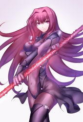 Rule 34 | 1girl, bodysuit, breast hold, breasts, cowboy shot, fate/grand order, fate (series), female focus, gae bolg (fate), gradient background, hair intakes, large breasts, long hair, looking at viewer, mitsuki hana, polearm, purple bodysuit, purple eyes, purple hair, red eyes, scathach (fate), skin tight, solo, spear, thighhighs, weapon