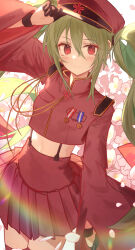 Rule 34 | 1girl, :3, absurdres, adjusting clothes, adjusting headwear, blush, cherry blossoms, commentary, cropped jacket, floral background, gloves, green hair, hair between eyes, half gloves, hat, hatsune miku, highres, light smile, long hair, looking at viewer, midriff, mihoranran, military, military uniform, peaked cap, petals, pleated skirt, red eyes, senbon-zakura (vocaloid), skirt, smile, solo, suspenders, symbol-only commentary, thighhighs, twintails, uniform, very long hair, vocaloid, wide sleeves