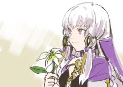 Rule 34 | 1girl, closed mouth, fire emblem, fire emblem: three houses, flower, hair ornament, holding, holding flower, long hair, lysithea von ordelia, nintendo, pink eyes, popioka, protected link, simple background, solo, upper body, white hair