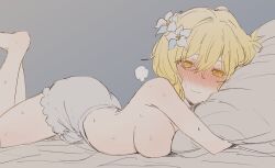 Rule 34 | 1girl, blonde hair, bloomers, blush, breasts, closed mouth, flower, genshin impact, grey bloomers, hair between eyes, hair flower, hair ornament, looking at viewer, lumine (genshin impact), lying, medium breasts, messy hair, nose blush, hugging object, on stomach, orange eyes, pillow, pillow hug, sbs, short hair with long locks, simple background, solo, topless, underwear, underwear only