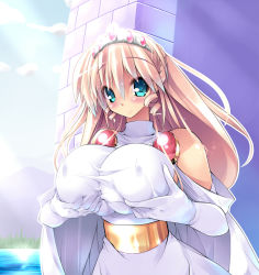 Rule 34 | 1girl, aqua eyes, bare shoulders, blonde hair, braid, breast hold, breast lift, breasts, character request, coryoon, covered erect nipples, curvy, dress, elbow gloves, female focus, gloves, grabbing own breast, half updo, highres, hip focus, huge breasts, long hair, outdoors, princess (coryoon), scatter milk, solo, standing, tiara, wide hips
