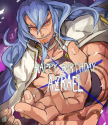 Rule 34 | 1boy, azrael (blazblue), blazblue, blue hair, choker, collarbone, evil smile, fingernails, hair between eyes, happy birthday, long hair, looking at viewer, male focus, outstretched arm, parted lips, smile, solo, teeth, very long hair, wristband