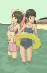 Rule 34 | 2girls, arm above head, beach, bikini, bikini skirt, bikini top only, blue one-piece swimsuit, brown eyes, brown hair, commentary request, competition school swimsuit, contrapposto, dark-skinned female, dark skin, day, highres, hosoo, innertube, looking to the side, low twintails, multiple girls, ocean, one-piece swimsuit, original, outdoors, partially submerged, pink bikini, pink skirt, school swimsuit, shore, skirt, standing, swim ring, swimsuit, tan, twintails, wading, water