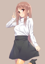 Rule 34 | black skirt, brown eyes, brown hair, hair over shoulder, high heels, holding, holding clothes, holding skirt, long hair, looking at viewer, mikazuchi zeus, original, simple background, skirt, smile, solo, standing, standing on one leg, sweater, v, white sweater
