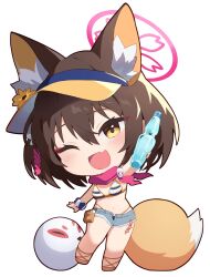 Rule 34 | 1girl, :d, animal ear fluff, animal ears, arm at side, arm up, ball, beachball, bikini, blue archive, bottle, brown hair, chibi, commentary request, double-parted bangs, eyelashes, fang, flower, fox ears, fox girl, fox mask, fox tail, grey shorts, hair between eyes, halo, happy, hat, hat flower, head tilt, highres, holding, holding bottle, izuna (blue archive), izuna (swimsuit) (blue archive), looking at viewer, mask, medium hair, micro shorts, one eye closed, open mouth, ramune, red scarf, same (samefgo), sandals, scarf, scrunchie, shorts, skin fang, smile, solo, spiked hair, standing, striped bikini, striped clothes, striped scrunchie, swimsuit, tail, visor cap, wrist scrunchie, yellow flower