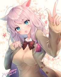 Rule 34 | animal ears, warrior of light (ff14), blazer, blue eyes, blush, breasts, cat ears, dated, dutch angle, fang, final fantasy, final fantasy xiv, highres, jacket, long hair, looking at viewer, medium breasts, miqo&#039;te, mirukurim, open mouth, pink hair, skin fang, sleeves past wrists, slit pupils, solo, sweater vest, uniform, upper body