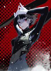 Rule 34 | 1girl, arms up, black hair, black scarf, blue bodysuit, bodice, bodysuit, breasts, closed mouth, cofffee, gloves, gradient background, looking at viewer, medium breasts, niijima makoto, open hands, persona, persona 5, red eyes, scarf, short hair, smile, solo, upper body, white gloves