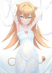 Rule 34 | 1girl, absurdres, ahoge, animal ears, armpits, arms up, bandaged arm, bandages, blonde hair, covered navel, highres, indie virtual youtuber, lion ears, lion tail, long hair, paradox (hatto air), rurudo lion, rurudo lion (1st costume), smile, solo, tail, virtual youtuber, wet, wet clothes, yellow eyes