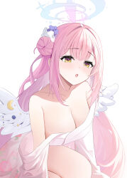 Rule 34 | 1girl, :o, absurdres, angel wings, bare shoulders, blue archive, blush, breasts, cleavage, collarbone, commentary, crescent, feathered wings, floral print, floral print kimono, flower, gompu, gradient halo, hair bun, hair flower, hair intakes, hair ornament, hair ribbon, halo, highres, japanese clothes, kimono, knee up, large breasts, long hair, looking ahead, low wings, mika (blue archive), multicolored halo, open mouth, pink hair, pink halo, print kimono, purple flower, ribbon, simple background, single side bun, solo, thighs, white background, white kimono, white ribbon, white wings, wings, yellow eyes