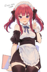 Rule 34 | 1girl, :d, apron, black thighhighs, blue ribbon, blush, bow, breasts, brown bow, cowboy shot, detached collar, detached sleeves, hair bow, hand up, holding, ikeuchi tanuma, long hair, looking at viewer, maid, maid headdress, neck ribbon, open mouth, original, puffy detached sleeves, puffy short sleeves, puffy sleeves, purple eyes, red hair, ribbon, short sleeves, simple background, skindentation, small breasts, smile, solo, standing, sweat, thigh gap, thighhighs, twintails, twitter username, v, w, waist apron, white apron, white background