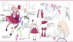 Rule 34 | 1girl, asymmetrical hair, back cutout, bad id, bad twitter id, blonde hair, character name, character sheet, cierra (ra-bit), clothing cutout, crystal, flandre scarlet, from behind, full body, hair down, hat, hat ribbon, laevatein, letterboxed, looking at viewer, mary janes, md5 mismatch, mob cap, open mouth, outstretched arms, puffy sleeves, red eyes, resized, ribbon, shirt, shoes, short sleeves, side ponytail, skirt, skirt set, smile, socks, text focus, touhou, typo, white background, white legwear, wings