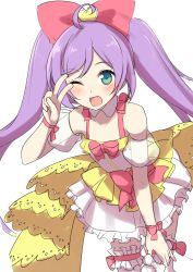 Rule 34 | 1girl, blush, frilled thighhighs, frills, green eyes, hand up, highres, hiraga matsuri, hirasato, leaning forward, long hair, looking at viewer, manaka laala, one eye closed, open mouth, over-kneehighs, pretty series, pripara, purple hair, simple background, skirt, smile, solo, swept bangs, thighhighs, twintails, v, white background, white skirt, white thighhighs