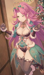 Rule 34 | 1girl, alternate costume, angela (seiken densetsu 3), artist request, blurry, blurry background, boots, breasts, christmas tree, cleavage, crown, female focus, fur-trimmed gloves, fur-trimmed skirt, fur trim, gloves, gluteal fold, green eyes, grey gloves, hair intakes, hair ornament, highres, indoors, jewelry, long hair, medium breasts, necklace, one eye closed, parted bangs, parted lips, pointy ears, purple hair, seiken densetsu, seiken densetsu 3, sidelocks, skirt, solo, square enix, standing, standing on one leg, swept bangs, teeth, thighs, very long hair