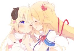 Rule 34 | 2girls, ahoge, akai haato, akai haato (1st costume), bad id, bad twitter id, blonde hair, blush, closed eyes, commentary, dress, futatsukiaiji, hair ornament, hair ribbon, heart, heart hair ornament, highres, hololive, horns, interlocked fingers, long hair, looking at another, multiple girls, one eye closed, open mouth, own hands together, ribbon, sheep horns, simple background, smile, strapless, strapless dress, tearing up, tsunomaki watame, tsunomaki watame (1st costume), virtual youtuber, white background