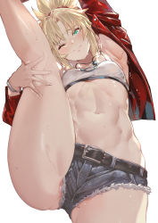 Rule 34 | 1girl, absurdres, armpits, artoria pendragon (fate), bandeau, blush, braid, breasts, closed mouth, cutoffs, denim, denim shorts, fate/apocrypha, fate (series), french braid, green eyes, hair ornament, hair scrunchie, highres, jewelry, leg lift, leg up, long hair, looking at viewer, mordred (fate), mordred (fate/apocrypha), mordred (memories at trifas) (fate), navel, necklace, parted bangs, ponytail, red scrunchie, scrunchie, shorts, sidelocks, simple background, small breasts, split, standing, standing on one leg, standing split, thighs, tokopi, white background