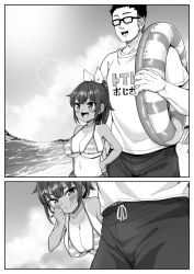 Rule 34 | 1boy, 1girl, :d, bikini, breasts, cloud, glasses, greyscale, hair ribbon, height difference, highres, kanabun, large breasts, monochrome, ocean, one-piece tan, opaque glasses, open mouth, original, outdoors, ponytail, ribbon, short hair, sky, smile, striped bikini, striped clothes, swimsuit, tan, tanline, teeth, textless version, upper teeth only