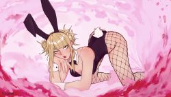 Rule 34 | 1girl, absurdres, all fours, animal ears, bags under eyes, bare shoulders, black leotard, blonde hair, blunt bangs, blush, boku no hero academia, bow, bowtie, breasts, cleavage, detached collar, double bun, eyeliner, fake animal ears, fake tail, fishnet pantyhose, fishnets, hair bun, highleg, highleg leotard, highres, leotard, looking at viewer, makeup, medium breasts, messy hair, pantyhose, pink background, playboy bunny, rabbit ears, rabbit tail, ricusann, sidelocks, slit pupils, smile, smoke, solo, tail, toga himiko, wrist cuffs, yellow eyes