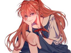 Rule 34 | 1girl, artist request, bad id, bad pixiv id, brown hair, c8 3am, closed mouth, hair between eyes, hair ornament, long hair, looking at viewer, neon genesis evangelion, purple eyes, red neckwear, red ribbon, ribbon, school uniform, short sleeves, simple background, sitting, skirt, smile, solo, souryuu asuka langley, suspender skirt, suspenders, tokyo-3 middle school uniform, twintails, two side up, very long hair, white background