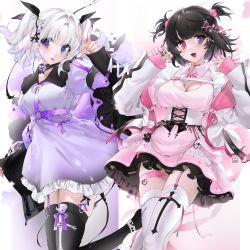 Rule 34 | 2girls, :p, black hair, blue eyes, blush, breasts, buckle, character name, cleavage, cleavage cutout, clothing cutout, collared dress, copyright request, cross, dress, garter straps, hair intakes, hair ornament, heterochromia, highres, jacket, large breasts, latin cross, long sleeves, looking at viewer, multiple girls, parted bangs, purple eyes, simple background, skindentation, smile, snap-fit buckle, thigh strap, thighhighs, tongue, tongue out, twintails, unworn jacket, unxi, white background, x hair ornament