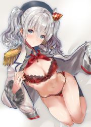 Rule 34 | 10s, 1girl, bad id, bad pixiv id, blue eyes, blush, bra, breasts, buttons, epaulettes, gloves, hitaki yuu, jacket, kantai collection, kashima (kancolle), large breasts, looking at viewer, neckerchief, panties, red bra, red panties, sidelocks, silver hair, single glove, solo, twintails, underwear, undressing, wavy hair