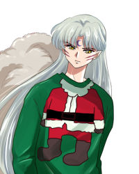 Rule 34 | 1boy, alternate costume, daytodaydesire, facial mark, floating hair, green sweater, inuyasha, long hair, male focus, pointy ears, print sweater, sesshoumaru, silver hair, simple background, solo, sweater, very long hair, white background, yellow eyes