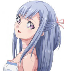 Rule 34 | 1girl, amano yo-ki, blue hair, breasts, camisole, choker, cleavage, collarbone, from side, hair ribbon, looking at viewer, medium breasts, open mouth, original, pink ribbon, purple eyes, ribbon, smile, solo, upper body