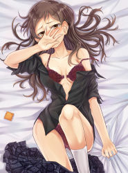 Rule 34 | 10s, 1girl, arigato (rmskrtkdlqj), bad id, bad pixiv id, blush, bra, breasts, brown eyes, brown hair, cleavage, clothes pull, condom, covering own mouth, embarrassed, highres, idolmaster, idolmaster million live!, kitazawa shiho, long hair, looking at viewer, lying, on back, open bra, open clothes, open shirt, panties, red bra, red panties, shirt, skirt, skirt pull, solo, underwear, undressing