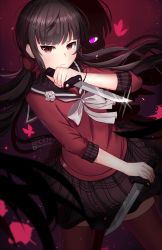 Rule 34 | 1girl, ardenlolo, arm up, artist name, black hair, black sailor collar, black skirt, blood, blunt bangs, bug, butterfly, commentary, cowboy shot, danganronpa (series), danganronpa v3: killing harmony, dark persona, dual wielding, english commentary, flower, glint, glowing, glowing eye, gradient background, hair ornament, hair scrunchie, hairclip, harukawa maki, highres, holding, holding knife, holding weapon, insect, knife, legs apart, long hair, long sleeves, looking at viewer, low twintails, mole, mole under eye, pink eyes, plaid, plaid skirt, pleated skirt, purple background, red eyes, red shirt, red thighhighs, ribbon, sailor collar, school uniform, scrunchie, serafuku, shirt, sidelocks, skirt, solo, thighhighs, twintails, twitter logo, twitter username, very long hair, weapon, white flower, white ribbon, zettai ryouiki