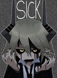Rule 34 | 1boy, black blood, black jacket, black nails, black necktie, black sclera, blood, blood from mouth, blood on face, blood on hands, collared shirt, colored sclera, commentary, demon, demon boy, demon horns, english commentary, english text, fangs, funamusea, grey hair, grey horns, highres, horns, jacket, jitome, looking at viewer, male focus, necktie, open mouth, outline, pointy ears, redscarfy, shirt, short hair, sidelocks, solo, static, sullivan (funamusea), sutare yume, text focus, white outline, white shirt, yellow eyes
