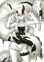 Rule 34 | 10s, 1girl, abyssal ship, asymmetrical horns, bare shoulders, breasts, chromatic aberration, cleavage, collarbone, colored skin, heavy cruiser princess, heavy cruiser summer princess, horns, jitome, kaizeru, kantai collection, long hair, orange eyes, shorts, simple background, thigh strap, turret, uneven horns, white background, white skin