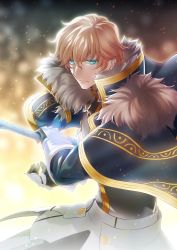 Rule 34 | 10s, 1boy, armor, blonde hair, blue cape, blue eyes, cape, fate/extra, fate (series), faulds, fur trim, gauntlets, gawain (fate), hair between eyes, holding, holding sword, holding weapon, looking at viewer, male focus, nina (pastime), solo, standing, sword, weapon