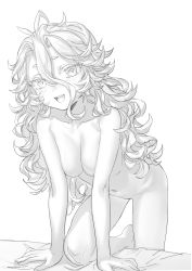 Rule 34 | 1girl, absurdres, arm support, breasts, greyscale, hair between eyes, highres, leon v, long hair, looking at viewer, medium breasts, monochrome, navel, nude, open mouth, original, sketch, solo