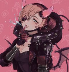 Rule 34 | 1girl, animification, apex legends, black bodysuit, black gloves, black headwear, black jacket, blush, bodysuit, breasts, cable, cleavage, cyber punked wattson, eyepatch, gloves, highres, hood, hooded jacket, horns, jacket, looking to the side, medium breasts, official alternate costume, one eye covered, pink hair, shimijimi, solo, spiked gloves, spiked jacket, wattson (apex legends), wings