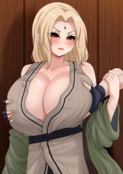Rule 34 | 1girl, absurdres, bare shoulders, blonde hair, blush, breasts, brown eyes, cleavage, closed mouth, collarbone, cowboy shot, facial mark, fence, fingerless gloves, forehead mark, gloves, groping, highres, huge breasts, lips, long hair, naruto (series), off shoulder, robe, standing, sweat, the only shoe, tsunade (naruto), wooden fence