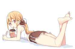 Rule 34 | 1girl, ass, bare arms, bare legs, bare shoulders, barefoot, blonde hair, blush, brown eyes, brown shorts, bubble tea, camisole, chinese commentary, closed mouth, commentary request, cup, disposable cup, drinking, drinking straw, full body, hair between eyes, hair bobbles, hair ornament, hatsunatsu, holding, holding cup, legs up, long hair, low twintails, lying, on stomach, shadow, short shorts, shorts, solo, the pose, twintails, very long hair, white background, white camisole, xiaoyuan (you can eat the girl), you can eat the girl
