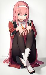 Rule 34 | 1girl, aqua eyes, armor, artist name, black pantyhose, boots, breasts, crossed legs, darling in the franxx, dress, drfrt0ma, hairband, highres, horns, long hair, long sleeves, looking at viewer, medium breasts, military, military uniform, open mouth, pantyhose, pink hair, red dress, short dress, shoulder armor, smile, smug, solo, uniform, very long hair, white background, white footwear, white hairband, zero two (darling in the franxx)