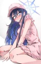 Rule 34 | 1girl, absurdres, alternate costume, baseball cap, black hair, blue archive, blue eyes, blue hair, blue halo, blush, breasts, closed mouth, colored inner hair, commentary request, dress, embarrassed, facing viewer, hair between eyes, halo, hat, highres, korean commentary, layer (layer illust), long bangs, long hair, medium breasts, multicolored hair, pink dress, pink hat, saori (blue archive), simple background, sitting, solo, sweatdrop, wariza, white background