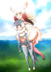 Rule 34 | 10s, 2girls, :d, :o, absurdres, animal ears, blunt bangs, blush, carrying, cloud, day, elbow gloves, fingerless gloves, flying, gloves, gradient hair, grey hair, head wings, highres, japanese crested ibis (kemono friends), kemono friends, long hair, long sleeves, multicolored hair, multiple girls, nenbuta, open mouth, otter ears, pantyhose, red hair, red legwear, short hair, small-clawed otter (kemono friends), smile, thighhighs, two-tone hair, white hair, wings, yellow eyes