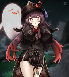 Rule 34 | 1girl, :o, absurdres, black hat, black shirt, black shorts, brown hair, chinese clothes, cowboy shot, freshtango, genshin impact, ghost, gold trim, gradient hair, hat, highres, hu tao (genshin impact), long hair, long sleeves, looking at viewer, multicolored hair, parted lips, red eyes, shirt, short shorts, shorts, sleeves past fingers, sleeves past wrists, solo, standing, star-shaped pupils, star (symbol), symbol-shaped pupils, tailcoat, tassel, thighs, twintails