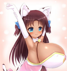 Rule 34 | 1girl, animal print, arm behind head, armpits, arms up, backless dress, backless outfit, bell, blue bow, blue eyes, blush, bow, breasts, brown hair, cat girl, cleavage, cleavage cutout, clothing cutout, collar, commission, commissioner upload, covered erect nipples, cow print, dark-skinned female, dark skin, dress, elbow gloves, female focus, gloves, hair bow, hair ornament, halterneck, huge breasts, kane-neko, long hair, looking at viewer, naomi minette, nipples, oppai loli, original, petite, pink bow, pink dress, shiny skin, sideboob, smile, solo, standing, stretching, tail, tail bow, tail ornament, taut clothes, tight clothes, two side up, upper body, white gloves, wing collar