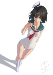 Rule 34 | 1girl, 4690 (tkpbsk), bare arms, black hair, breasts, collarbone, commentary request, covered navel, from above, full body, green eyes, hat, highres, kneehighs, looking at viewer, murasa minamitsu, neckerchief, one-piece swimsuit, red neckerchief, sailor collar, sailor hat, see-through, shadow, short hair, simple background, smile, socks, solo, standing, swimsuit, touhou, white background, white one-piece swimsuit, white socks