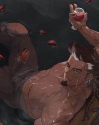 Rule 34 | 1boy, abs, bar censor, bara, braid, censored, completely nude, cup, dark-skinned male, dark skin, drinking glass, earrings, erection, from above, granblue fantasy, holding, holding cup, jewelry, jingisu kan (bara artist), large pectorals, long hair, long sideburns, looking at viewer, male focus, male pubic hair, mature male, multiple braids, muscular, muscular male, nude, old, old man, partially submerged, pectorals, penis, petals, pubic hair, see-through, sideburns, solo, stomach, thighs, wet, wine glass, wrinkled skin, yngwie