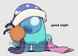 Rule 34 | among us, blanket, blue headwear, commentary request, english text, full body, green (among us), holding, holding blanket, kiman, sky print, solo, standing, stuffed toy, twitter username, watermark