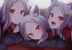 Rule 34 | 3girls, animal ears, black gloves, black suit, black vest, blush, breast press, breasts, cerberus (helltaker), commentary, commentary request, demon girl, dog ears, dog girl, fang, formal, gloves, helltaker, highres, large breasts, multiple girls, neckwear request, open mouth, red eyes, red shirt, shimofuji jun, shirt, suit, triplets, vest, waistcoat, white hair